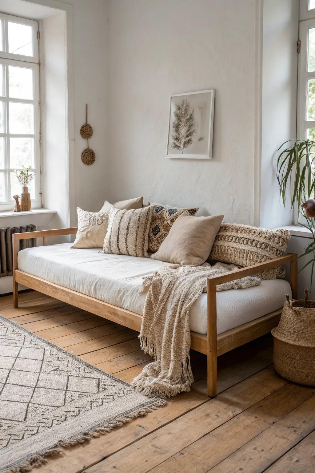 Wall-hugging daybed with plush pillows—Scandi-minimal by day, cozy studio bed by night.