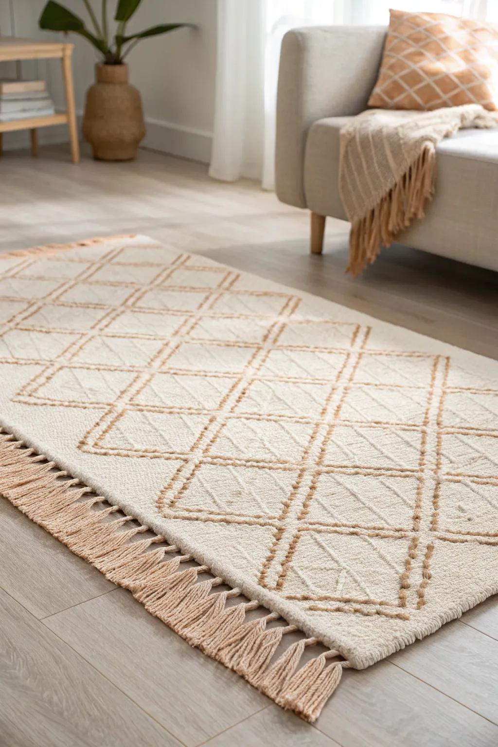 One statement rug instantly defines a cozy “living room” zone in a small studio.
