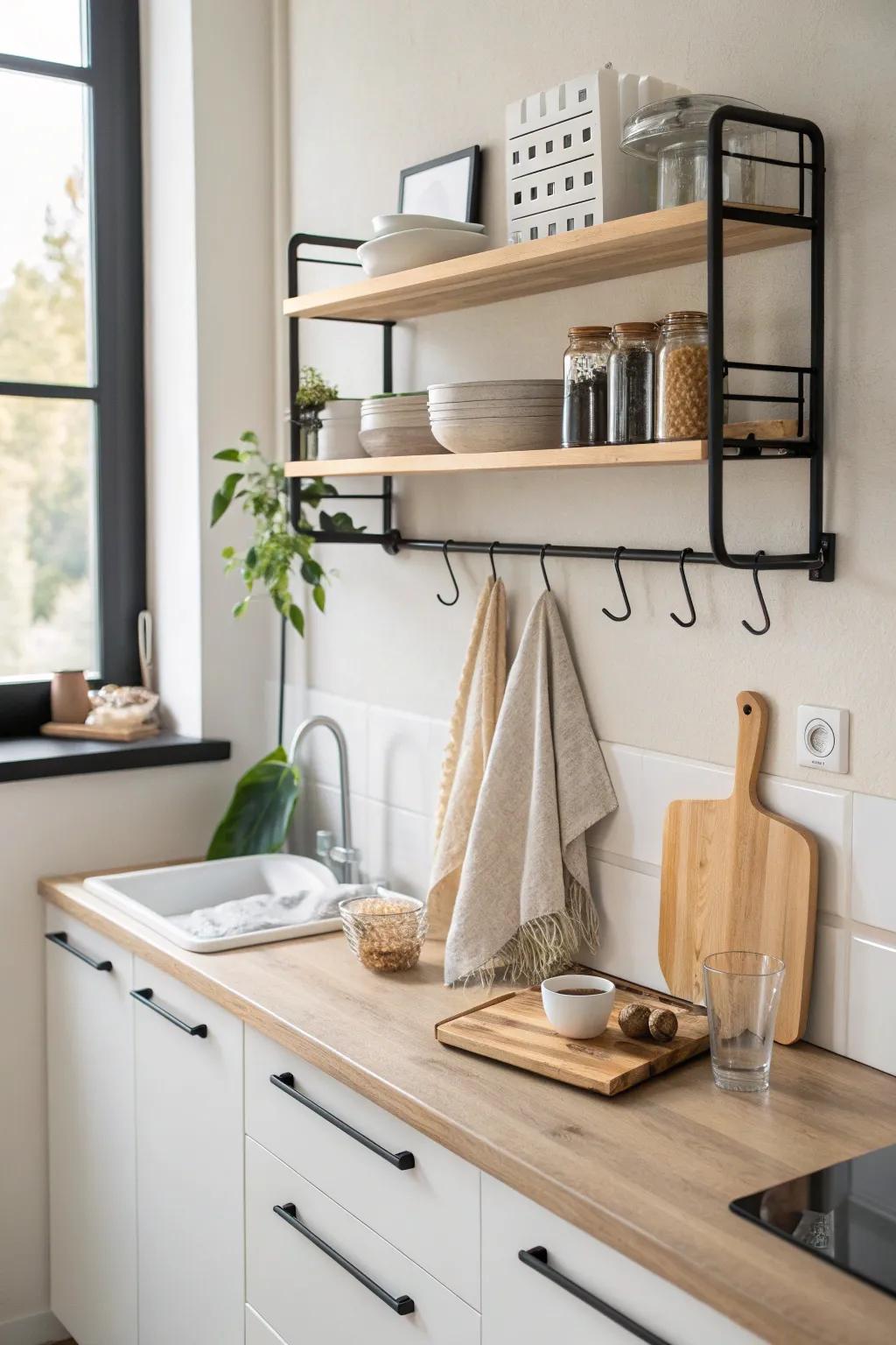 One wall, three micro zones—clean, prep, cook—kept tidy with a minimal rail system.