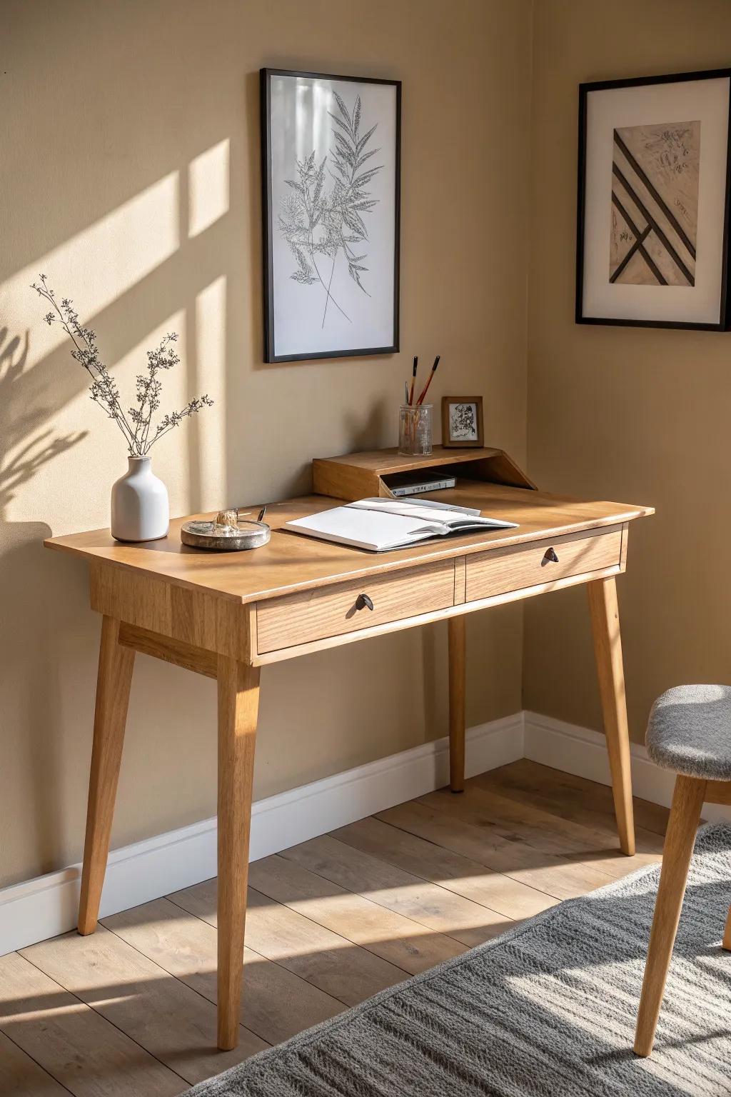 A slim desk + one art piece turns a living-room corner into an intentional, neutral study nook.