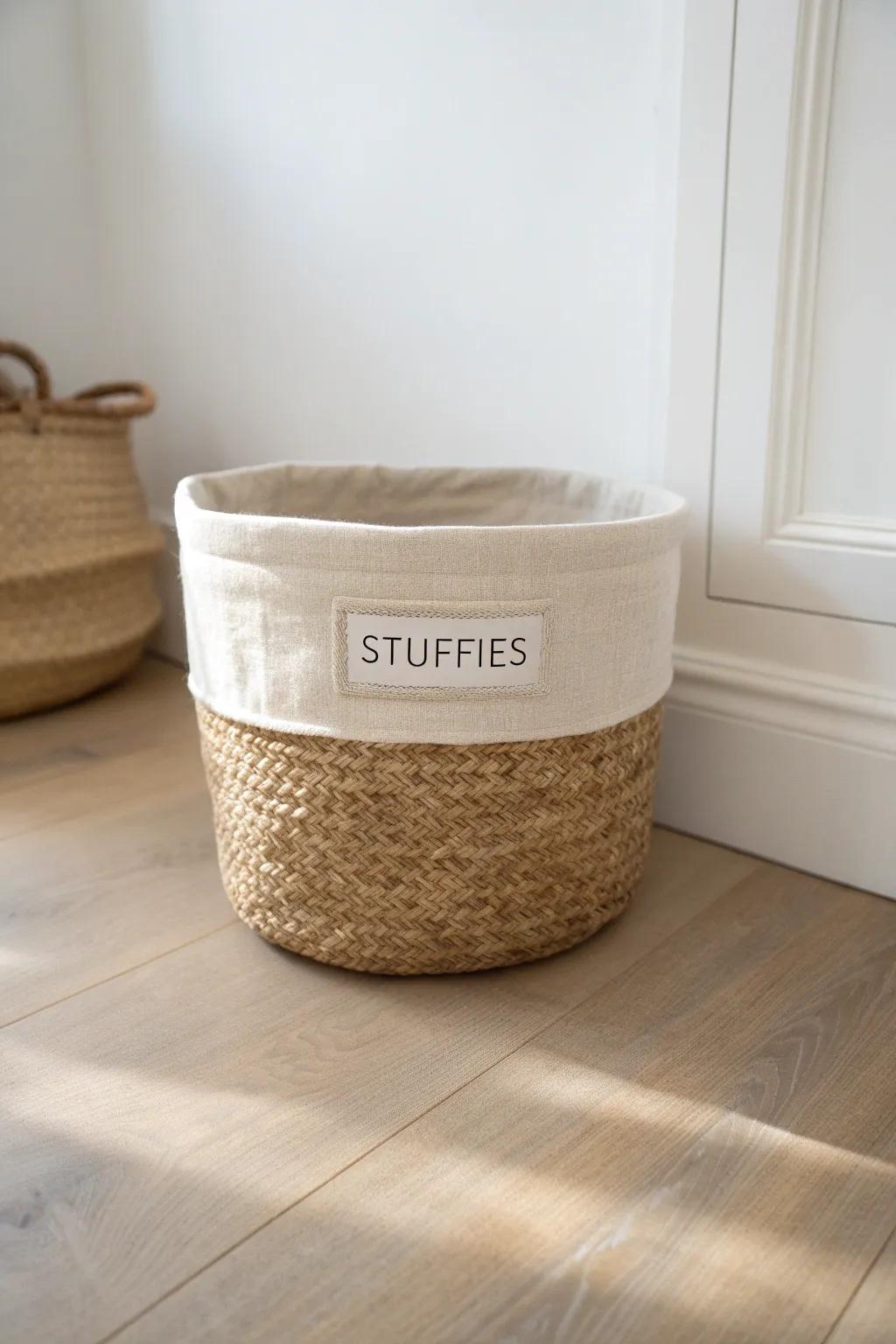 A labeled woven floor basket that corrals stuffies fast—calm, cute, and space-smart.