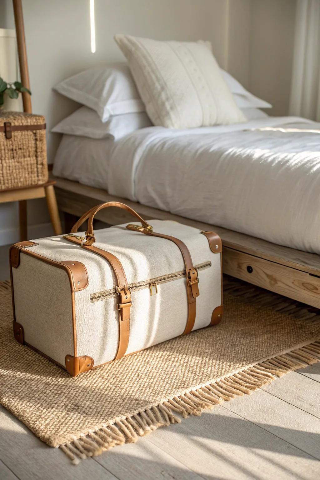 Slide an empty suitcase under the bed—add a moisture absorber to keep it fresh.