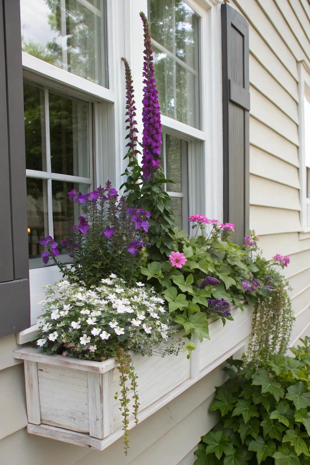 Classic thriller-filler-spiller window box for an instant lush, summer-blooming look