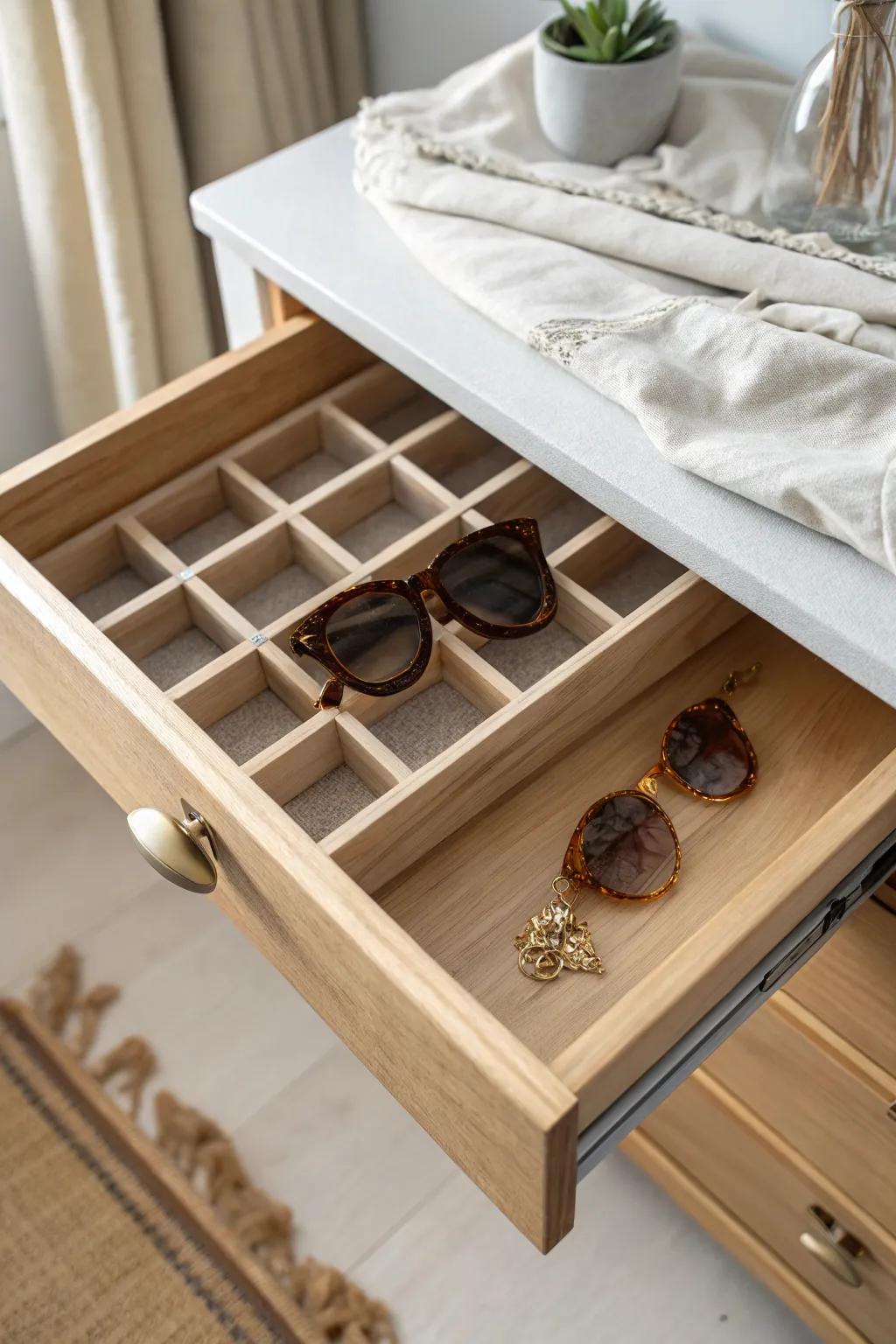 Birch drawer dividers with little cubbies keep sunglasses scratch-free and perfectly lined up.