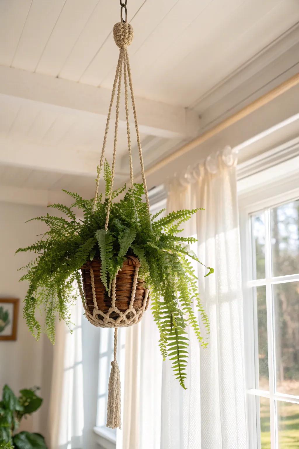 Hang a lush fern basket up high to create a sunlit canopy without using floor space.