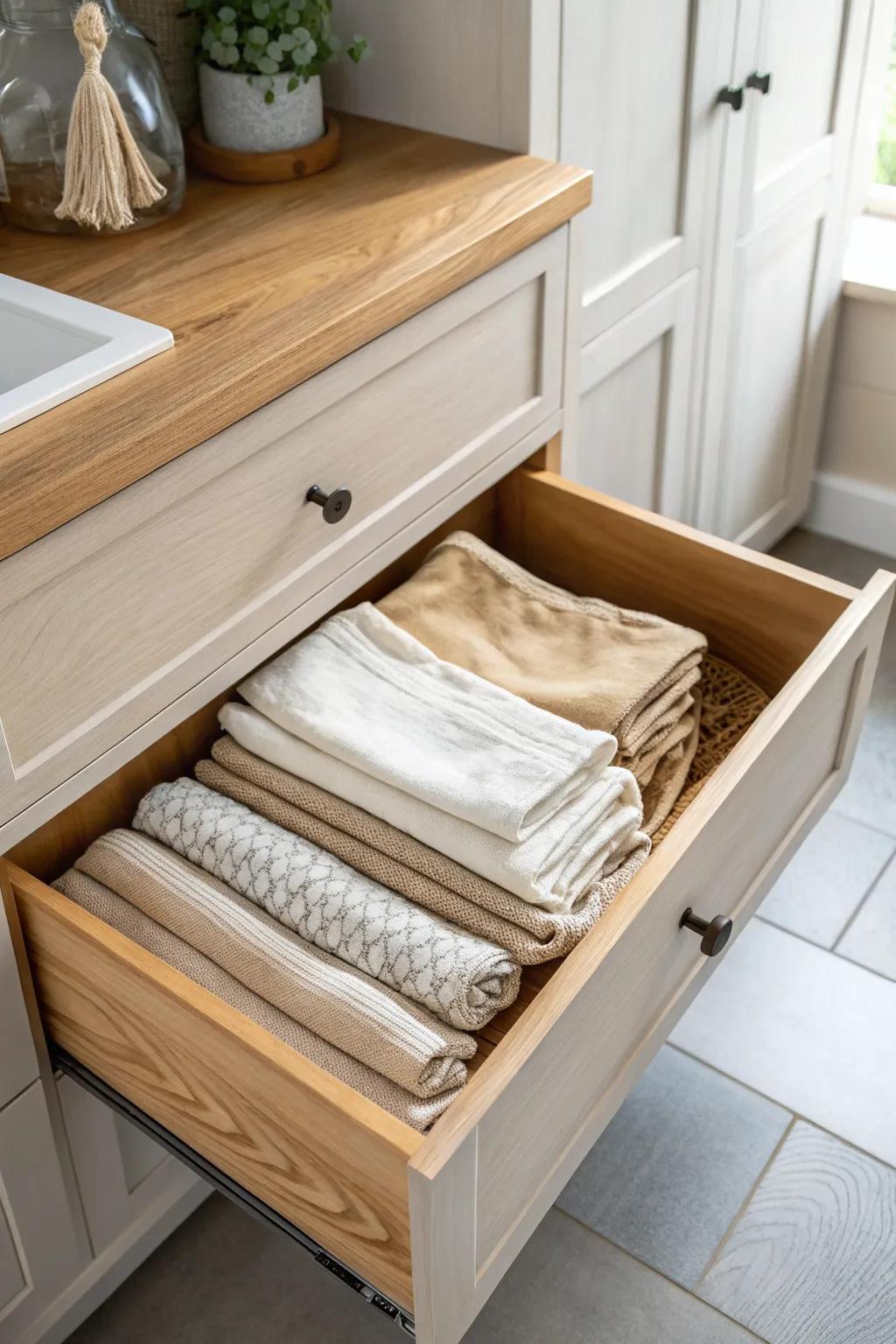 Neat folded linen stacks in a dedicated drawer—grab one tablecloth without disturbing the rest.