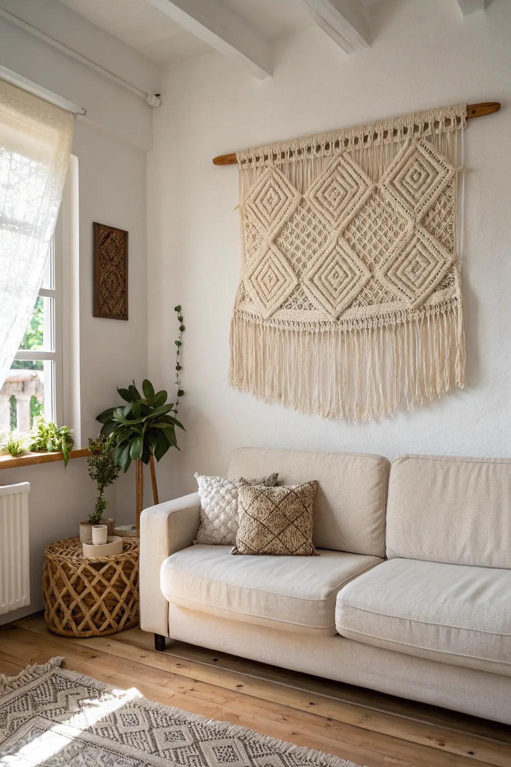 Center a large woven tapestry two-thirds the sofa width to define a cozy seating zone.