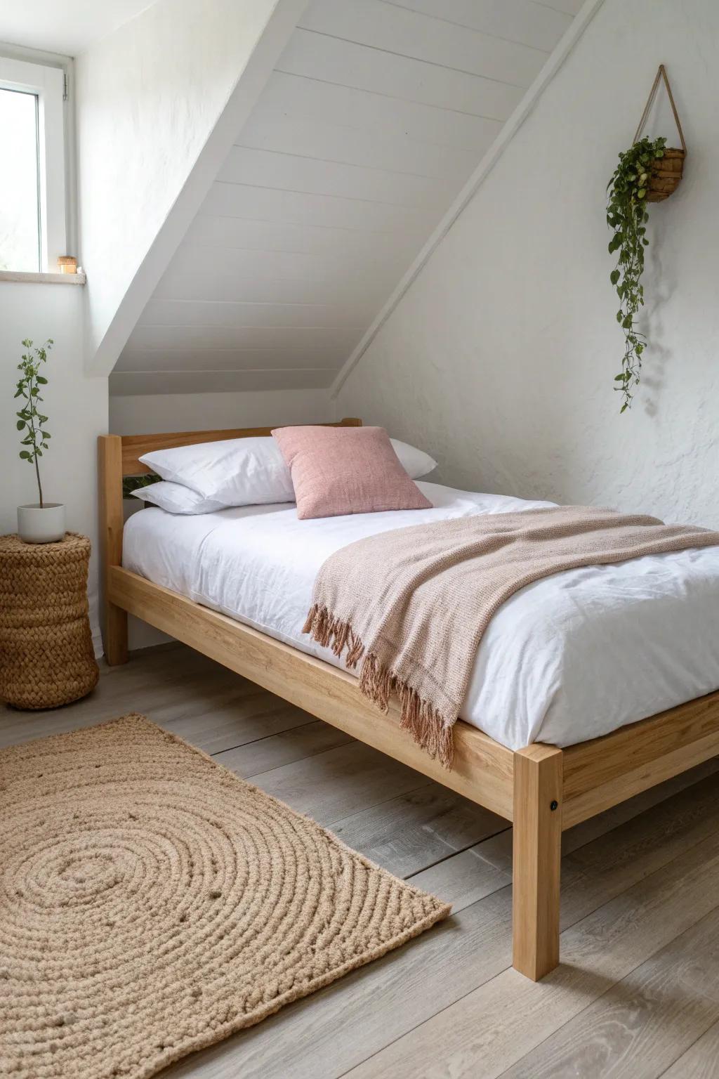 Push the bed into the corner to open a real walkway and make a tiny teen room feel airy.