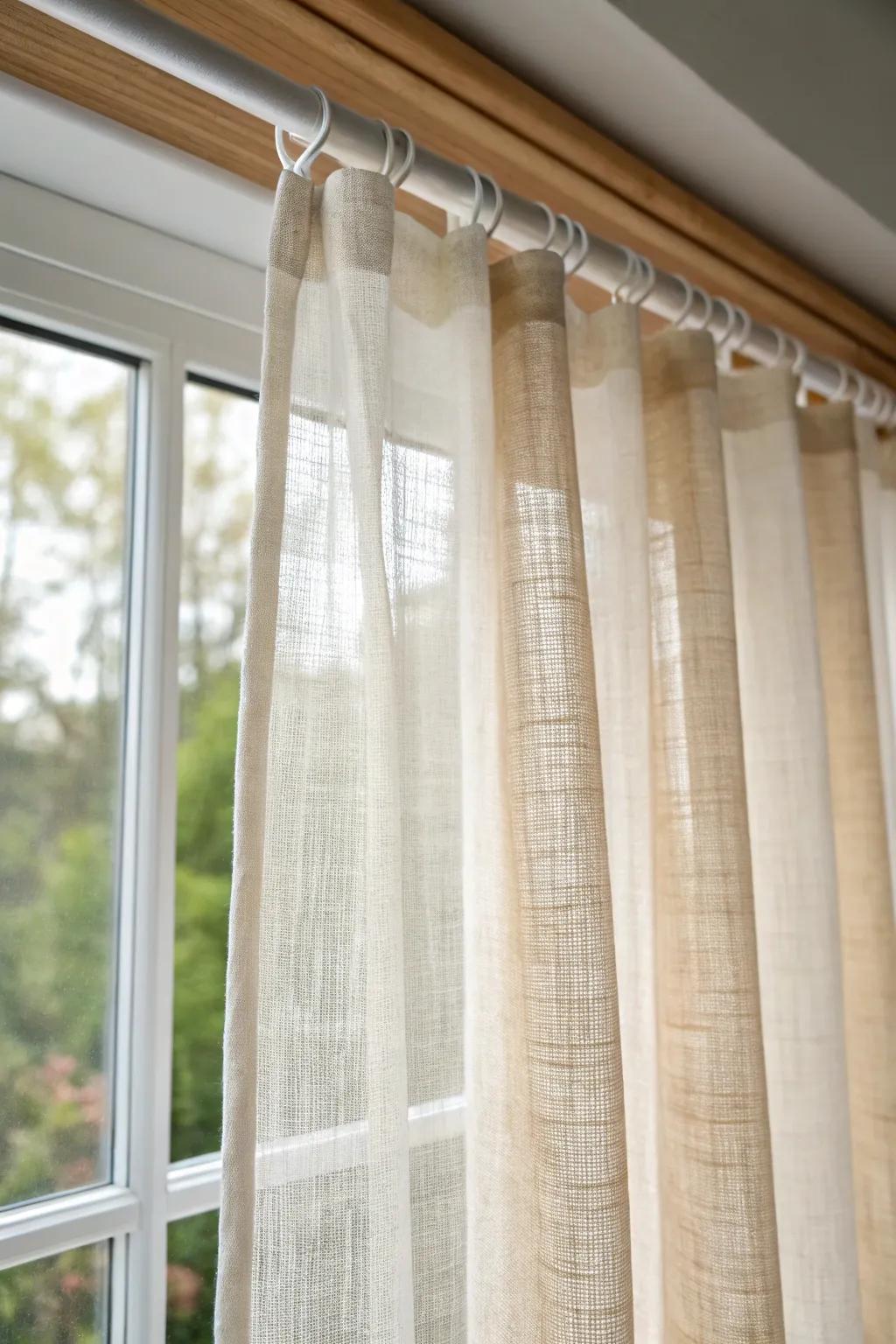 Inside-mount sheer on a tension rod: clean lines, soft light, and daytime privacy.
