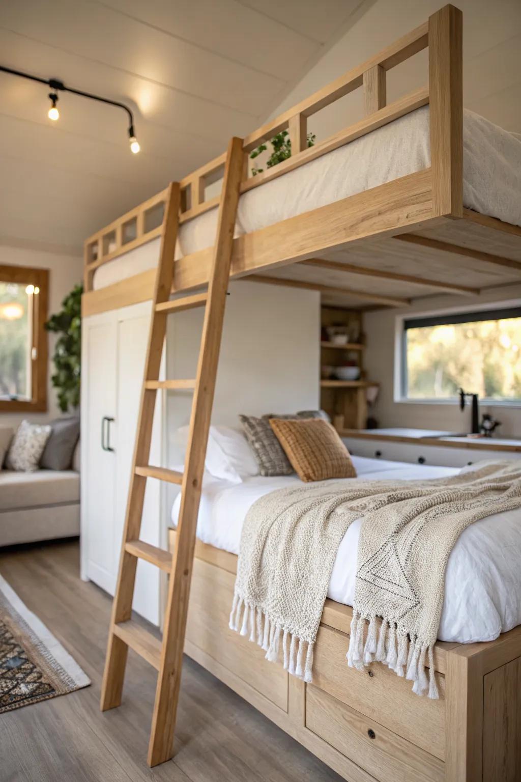 A classic loft bed above the lounge keeps tiny homes airy, bright, and beautifully open.