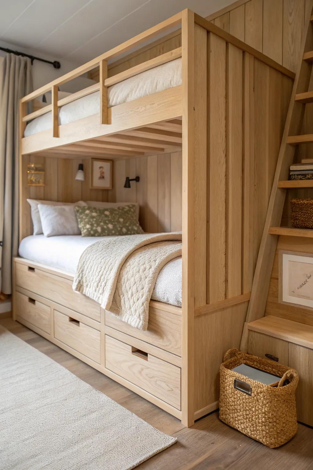 A cozy loft bed zone that doubles as seating and hidden storage—perfect for tiny bedrooms.