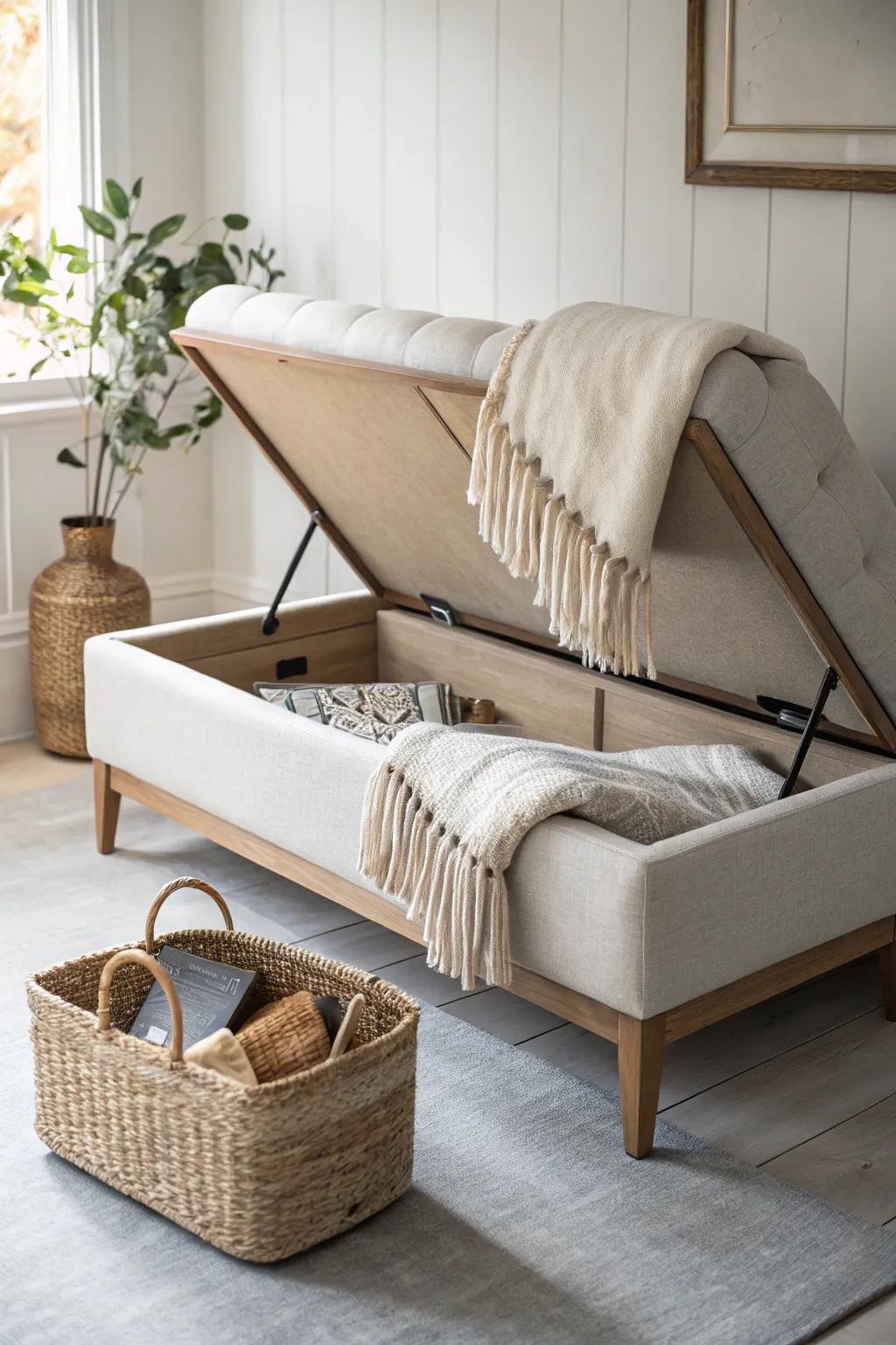 Lift-up storage sofa: hide blankets and games for a calmer, clutter-free tiny living room.