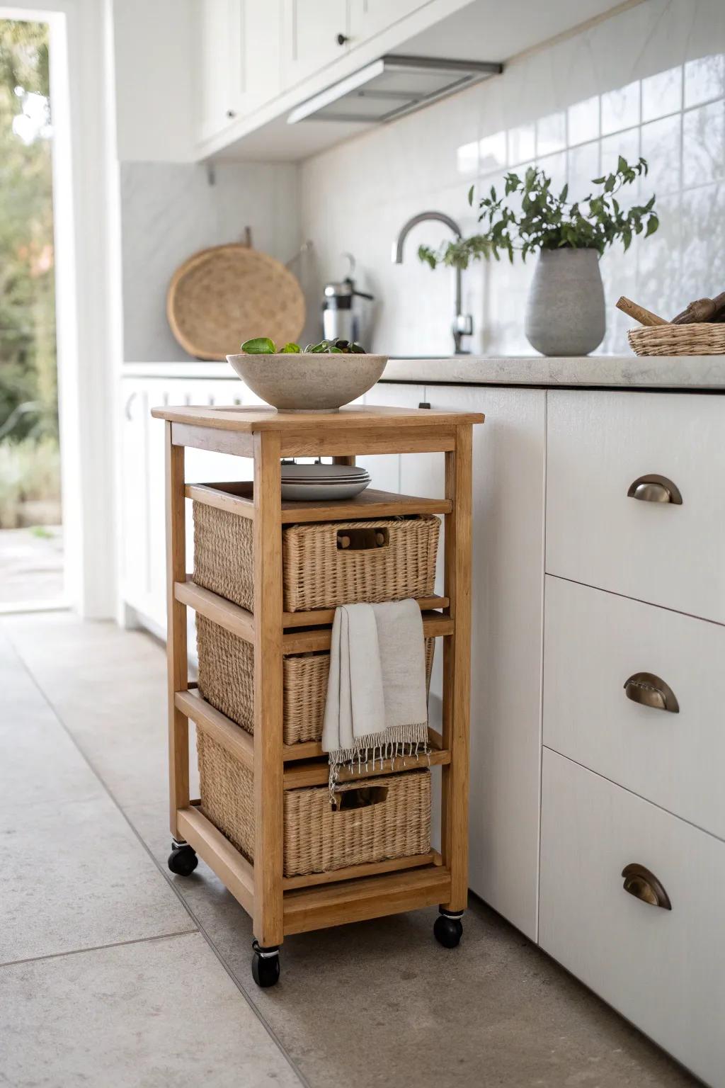 A slim rolling pantry cart keeps a galley kitchen walkway open—storage without the shuffle.