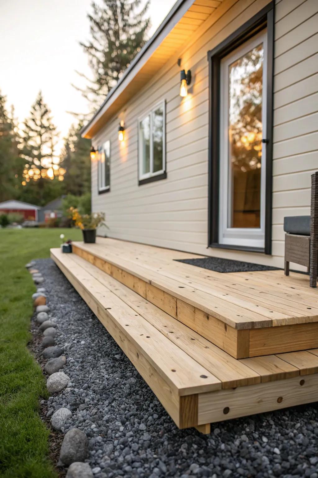 A compact tiny-home deck that feels like an outdoor living room—cozy, clean, and clutter-free.