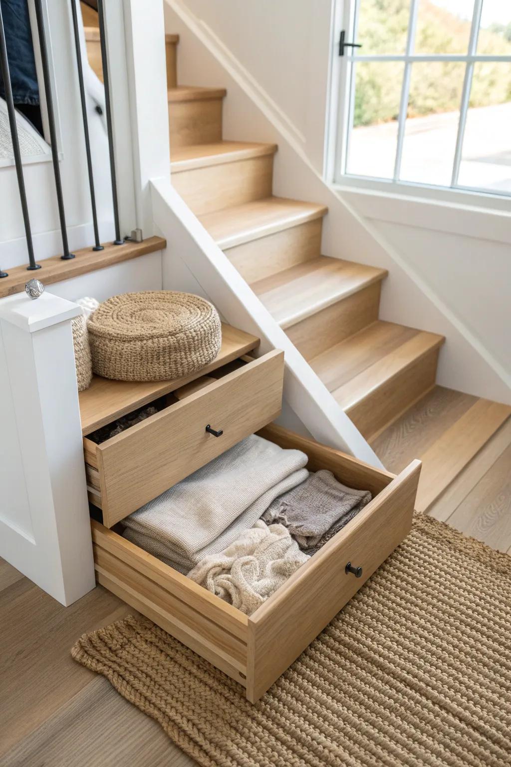 A hidden stair drawer turns each step into storage—perfect for linens without taking floor space.