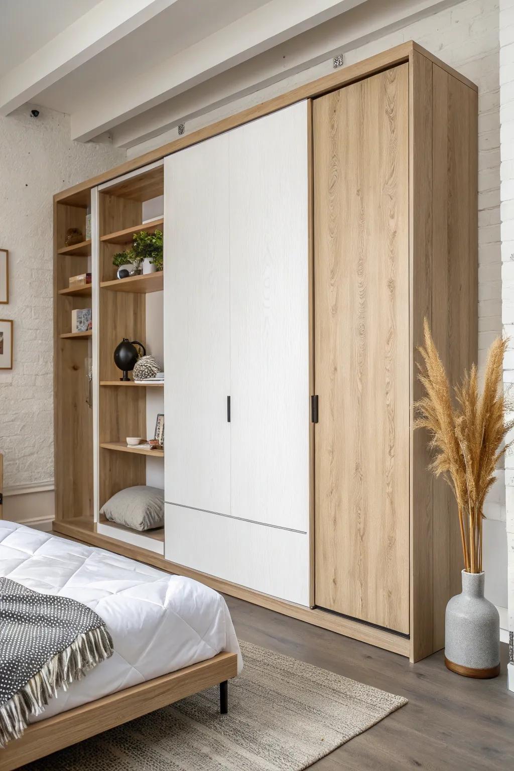 Space-saving wall bed with built-in storage—minimal, warm oak, and perfect for tiny studios.