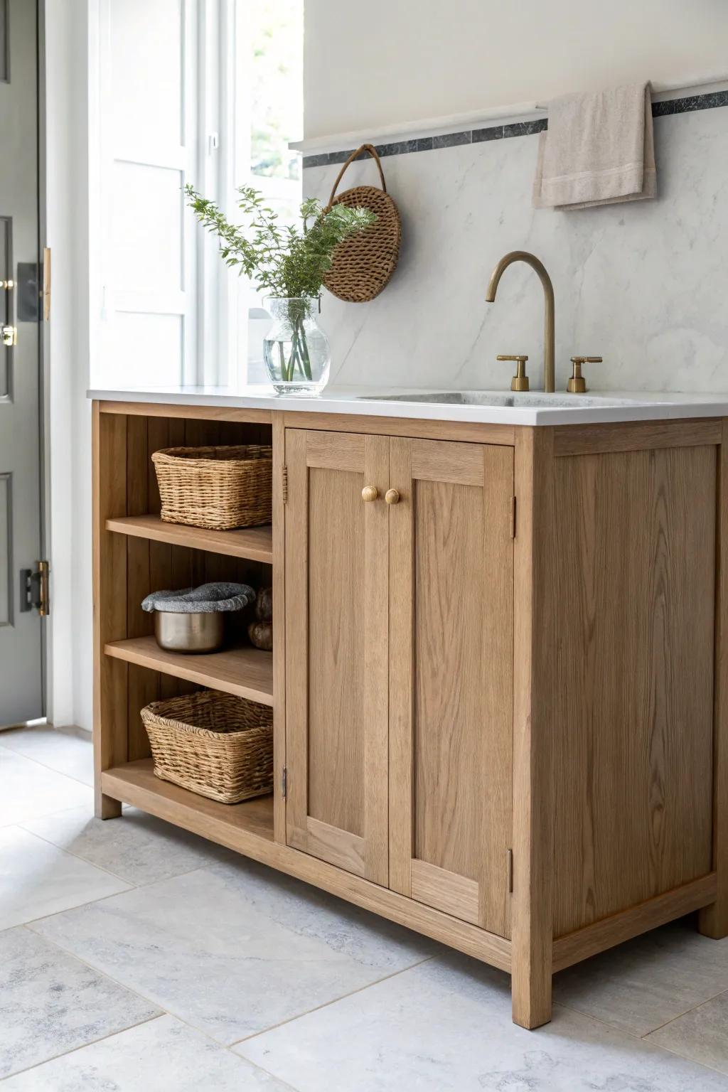 A slim oak galley cabinet module—max counter function in a tiny house kitchen.