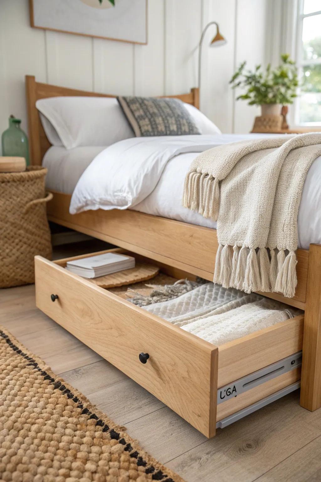 Turn your bed into a closet: a smooth-glide under-bed drawer keeps linens close and floors clear.