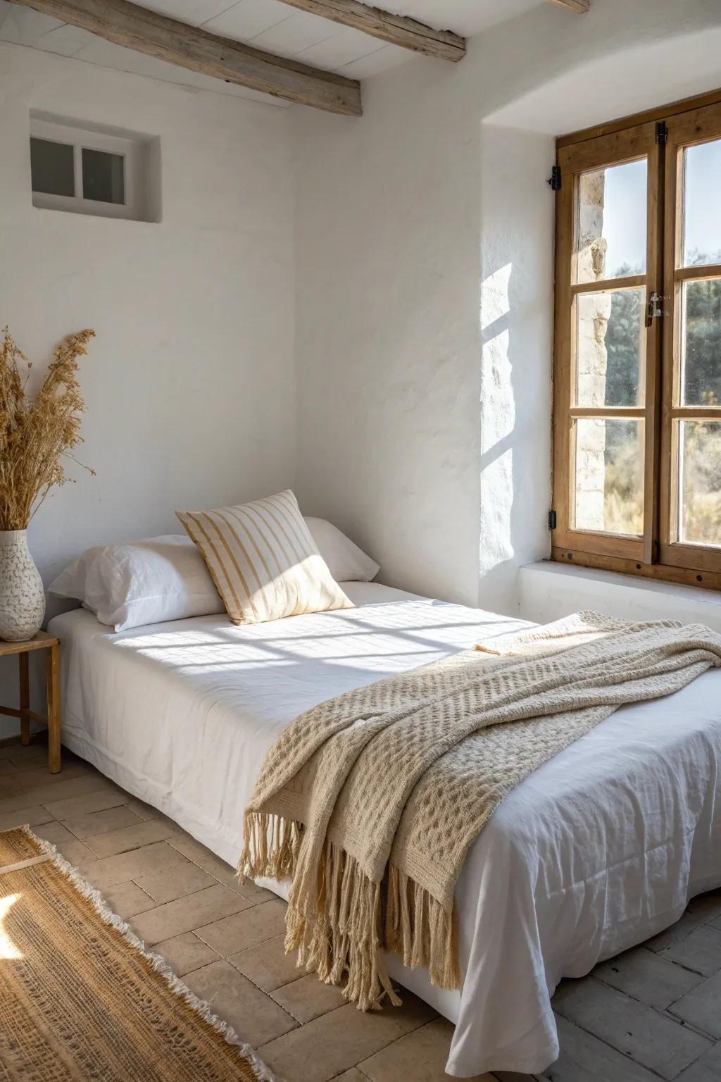 Push the bed to one wall to open a clean walkway—tiny room, instantly calmer and brighter.