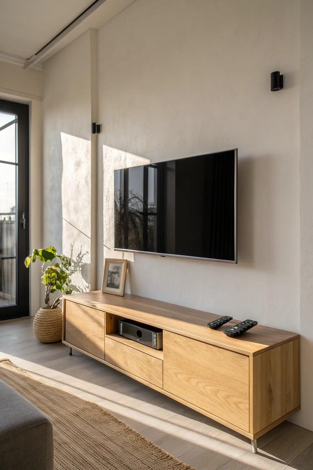 Wall-mounted TV + slim floating ledge: the cleanest way to save floor space in a tiny man cave.