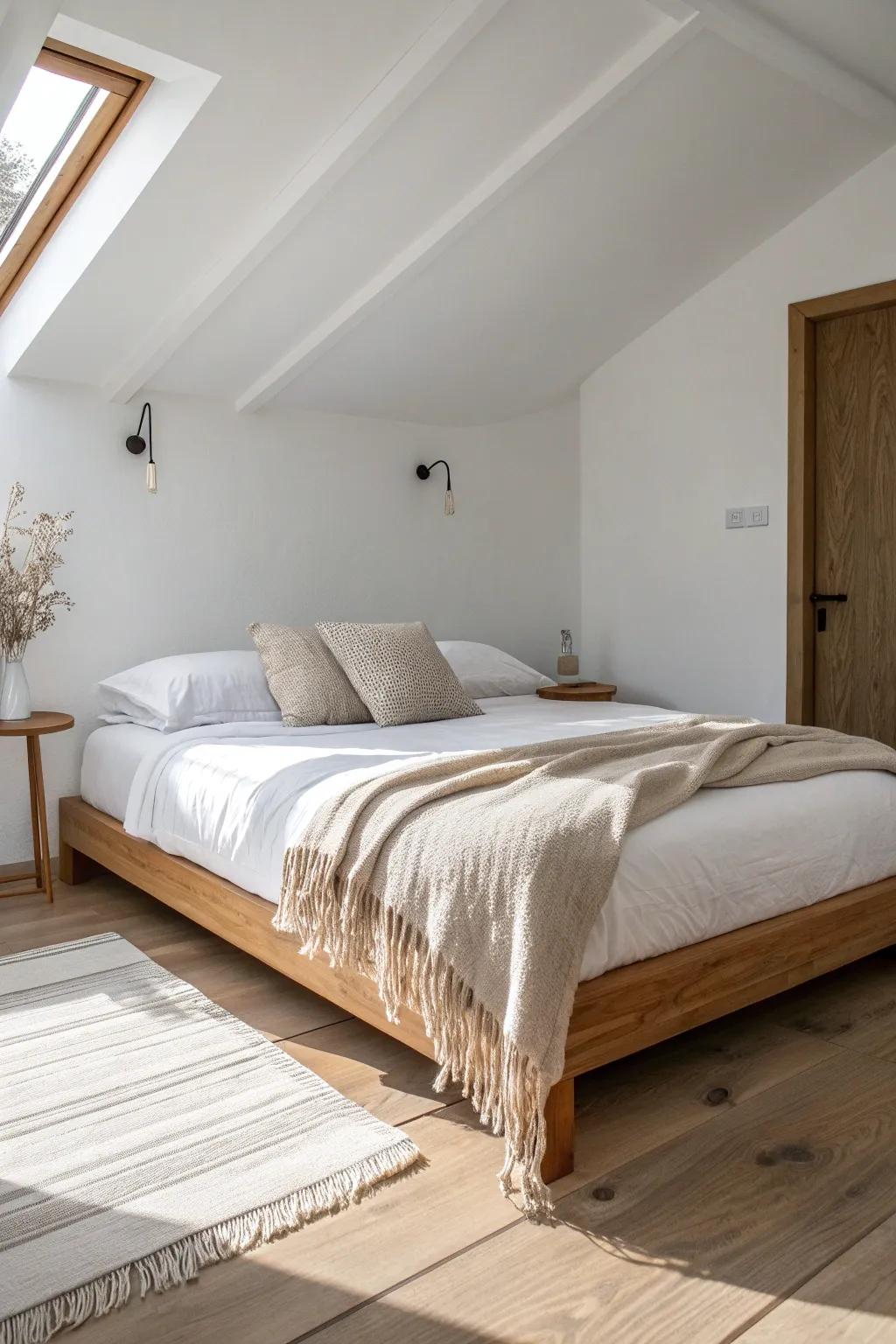 Push the bed against one wall to free up a real walkway and make a tiny bedroom feel bigger.