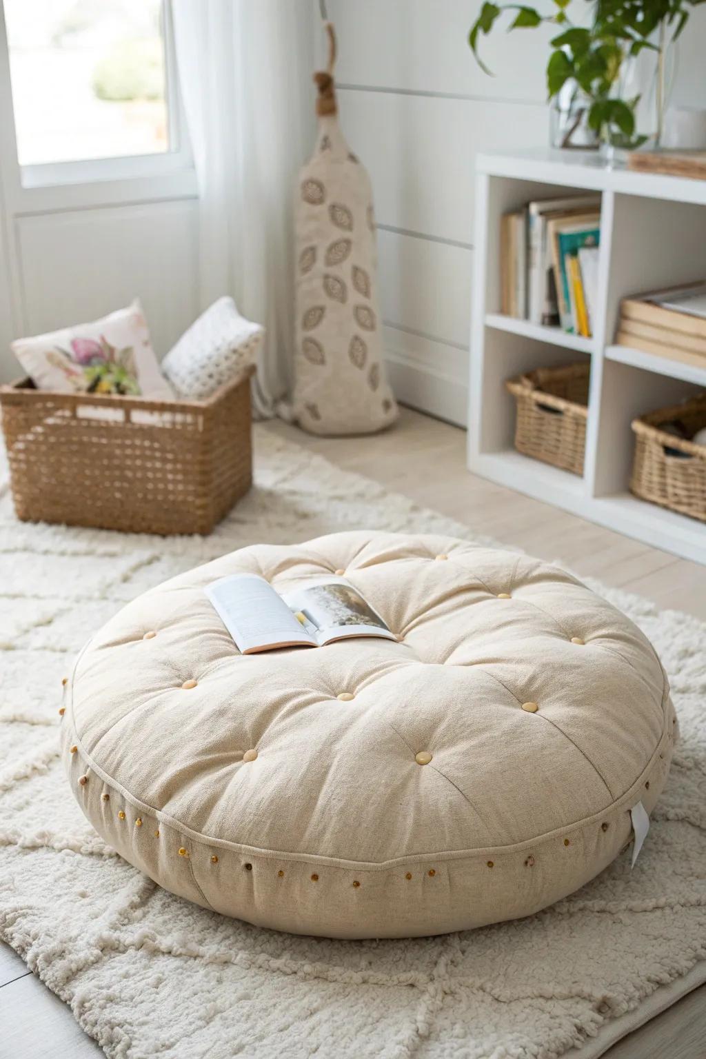 A big floor cushion on a soft rug makes a tiny corner the coziest toddler reading spot.