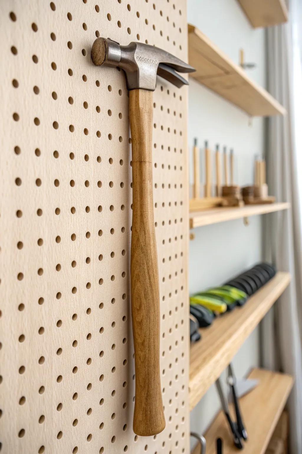 Classic pegboard perfection: a handcrafted hammer display that keeps small studios calm and tidy.