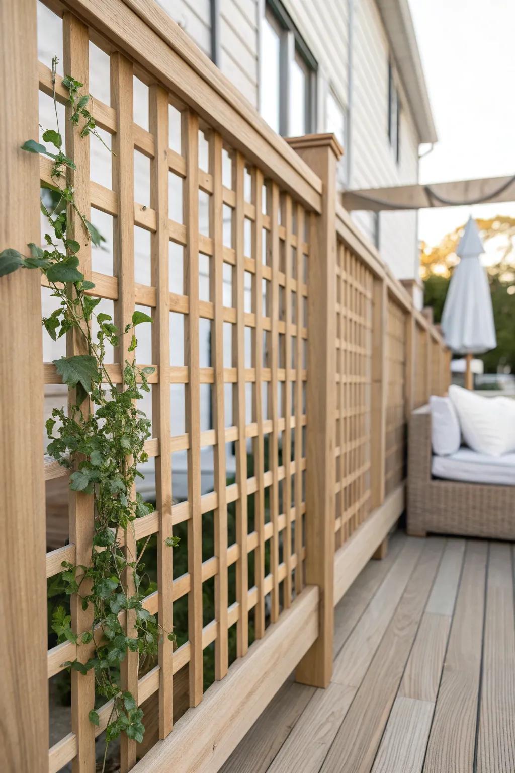 Light oak lattice panel with soft faux greenery—privacy that still feels airy and serene.