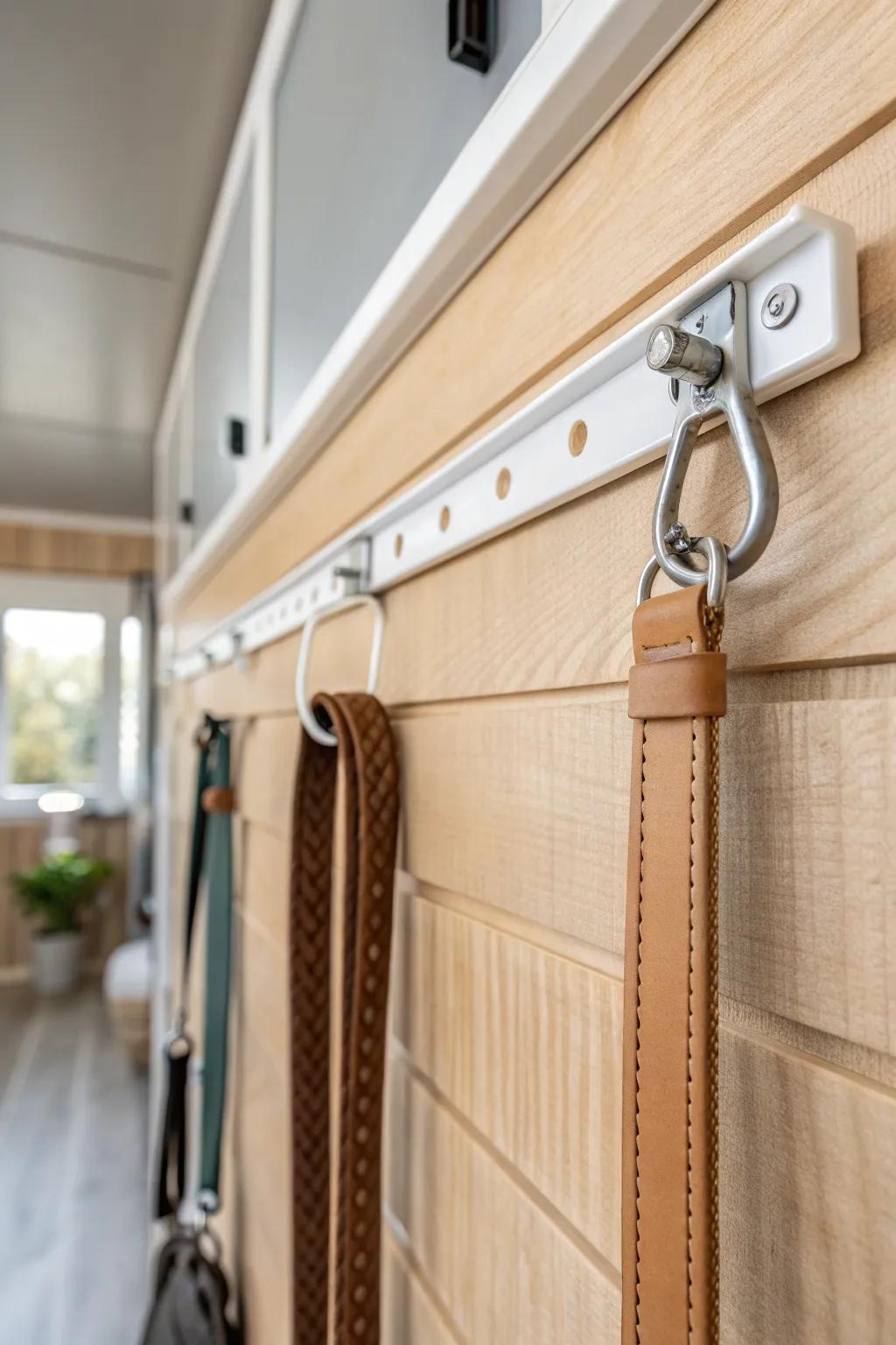 Wall-mounted gear track keeps bulky hauler gear off the floor—and adjusts in seconds.