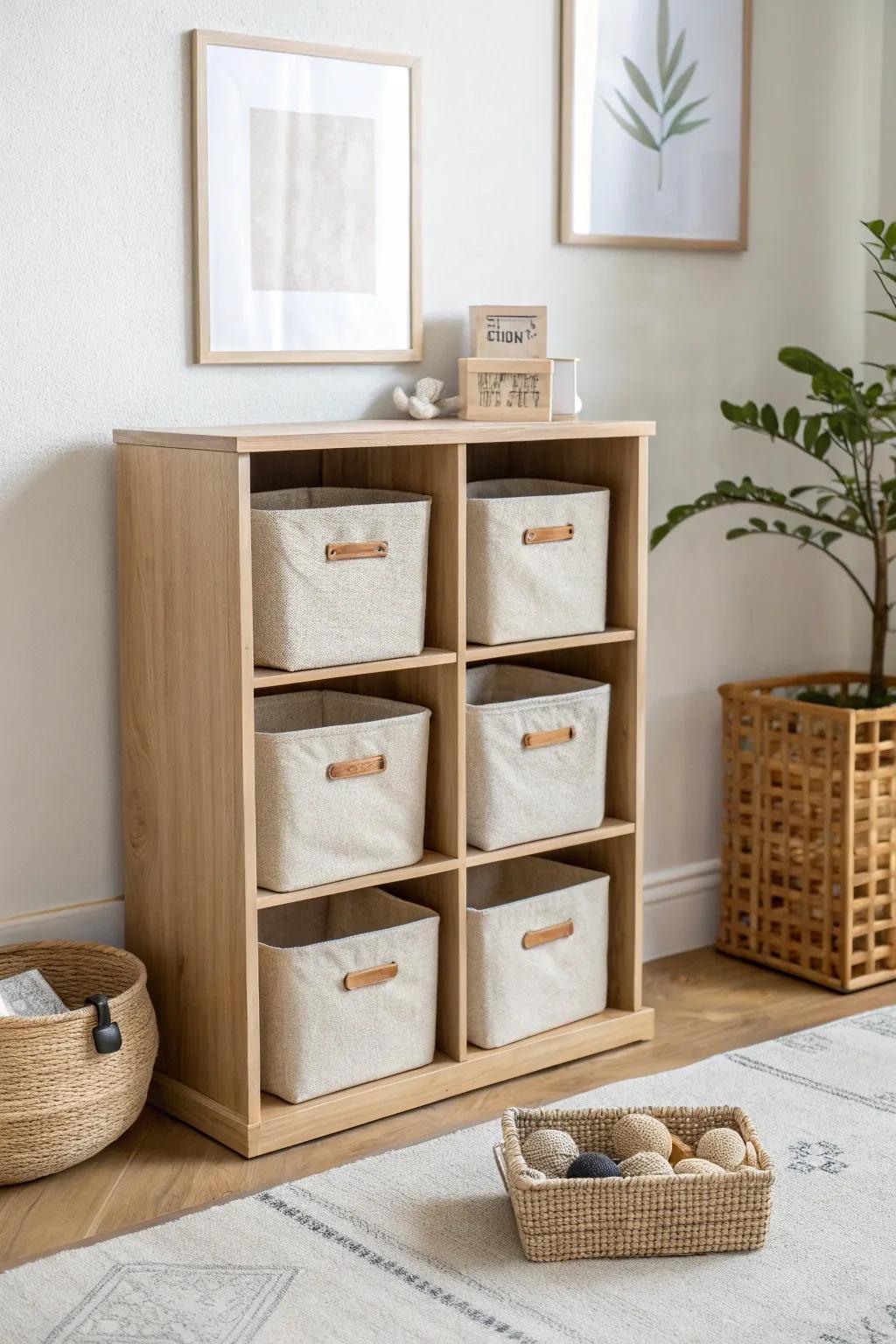 Cube shelf + matching fabric bins: the clean, calm toy system that makes small spaces feel bigger.