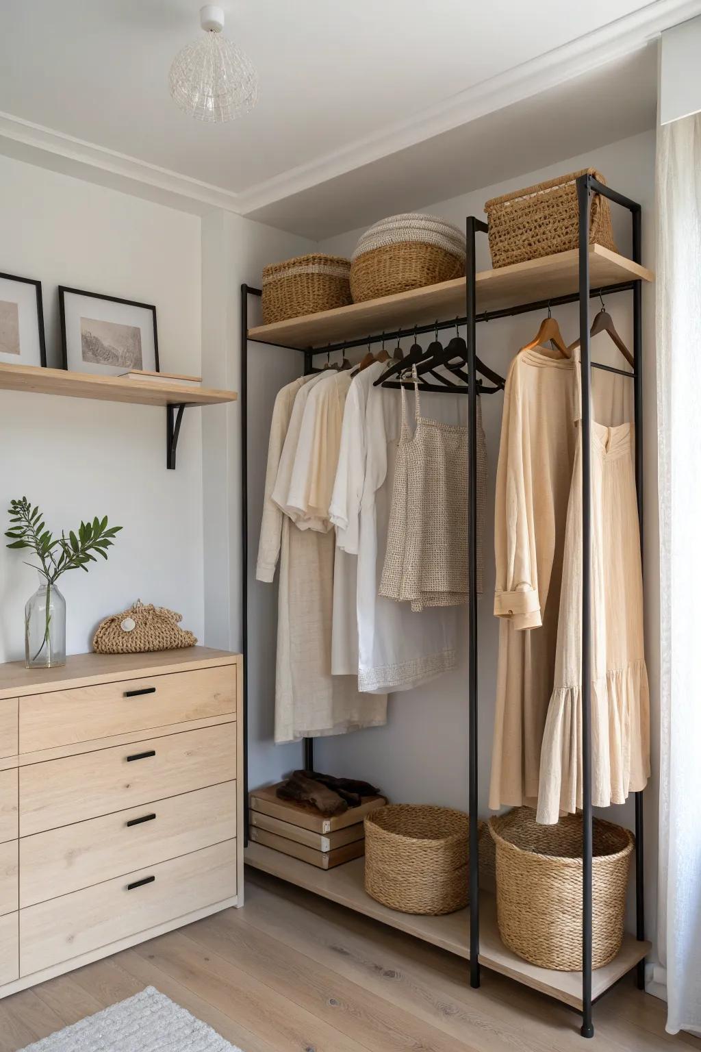 Wrap-around rods and shelves turn a spare bedroom corner into a calm, custom closet.