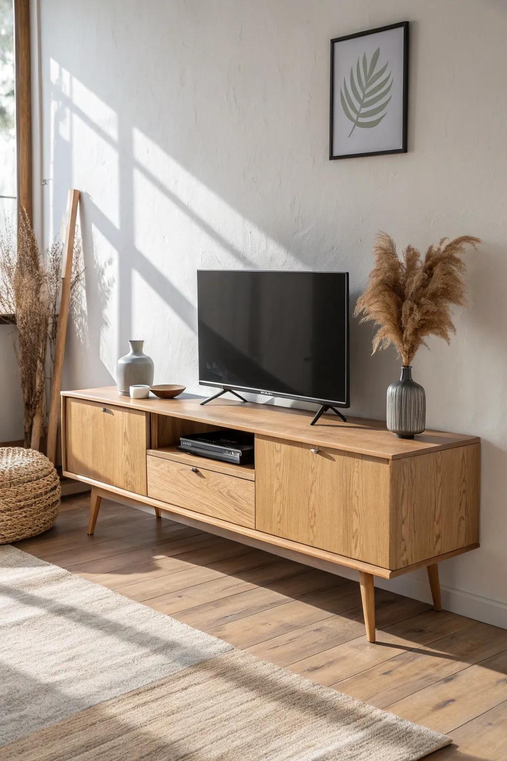 A low, long console keeps the wall feeling wider—clean lines, calm styling, and crafted oak warmth.