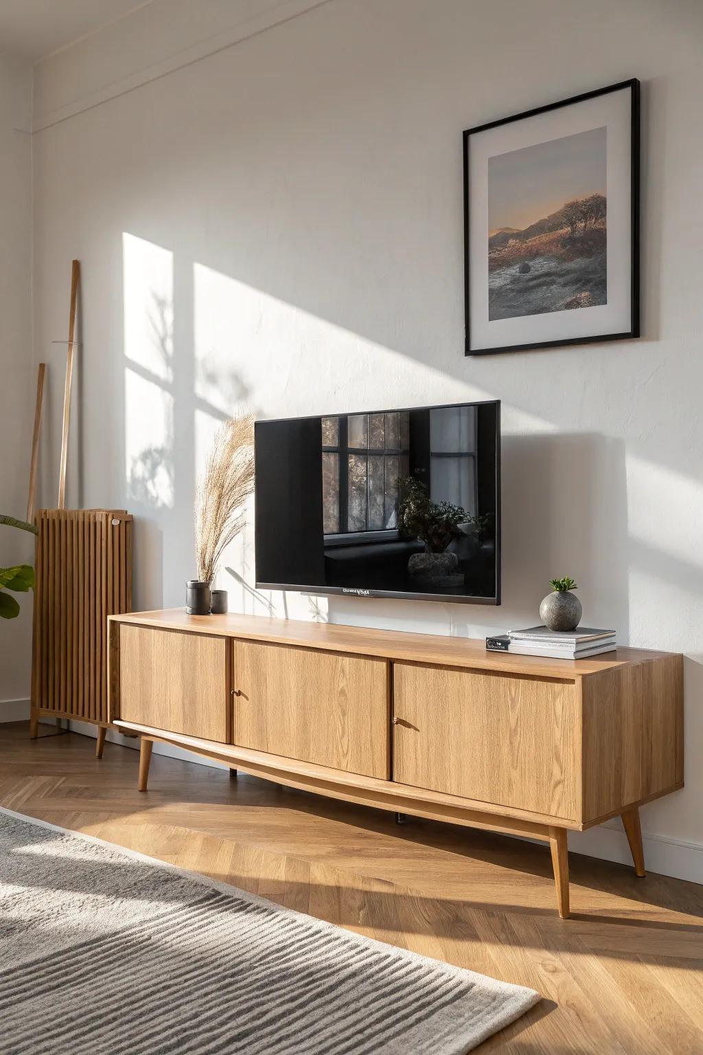 Center your TV above a low console for a grounded, polished wall with hidden storage.