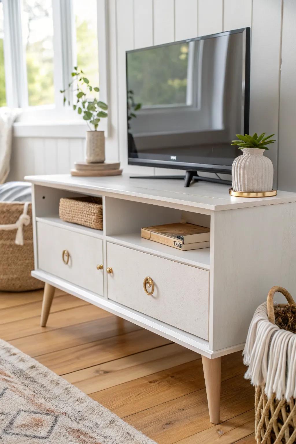 A crisp neutral paint makeover makes a small-space TV stand look instantly brighter and modern.