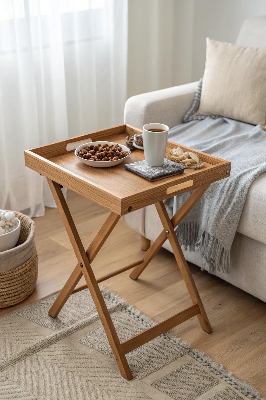 Classic folding TV tray: a calm snack-and-remote spot that keeps small-space movie nights tidy.