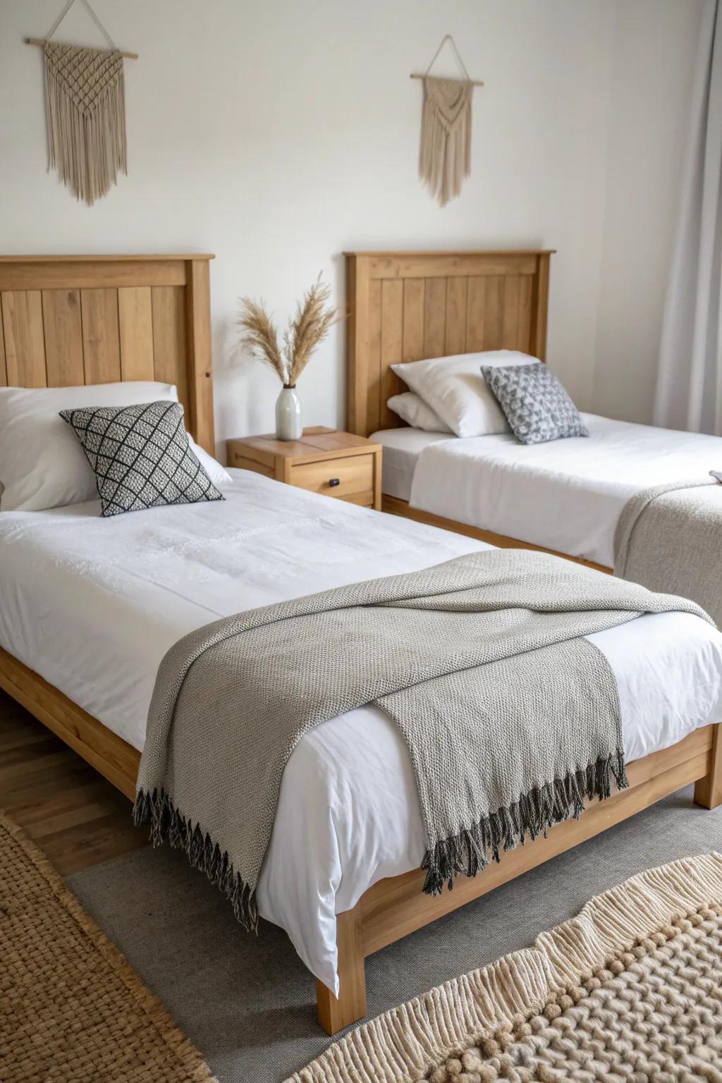 Matching twin beds bring easy symmetry—instantly calmer, cleaner, and more guest-ready.