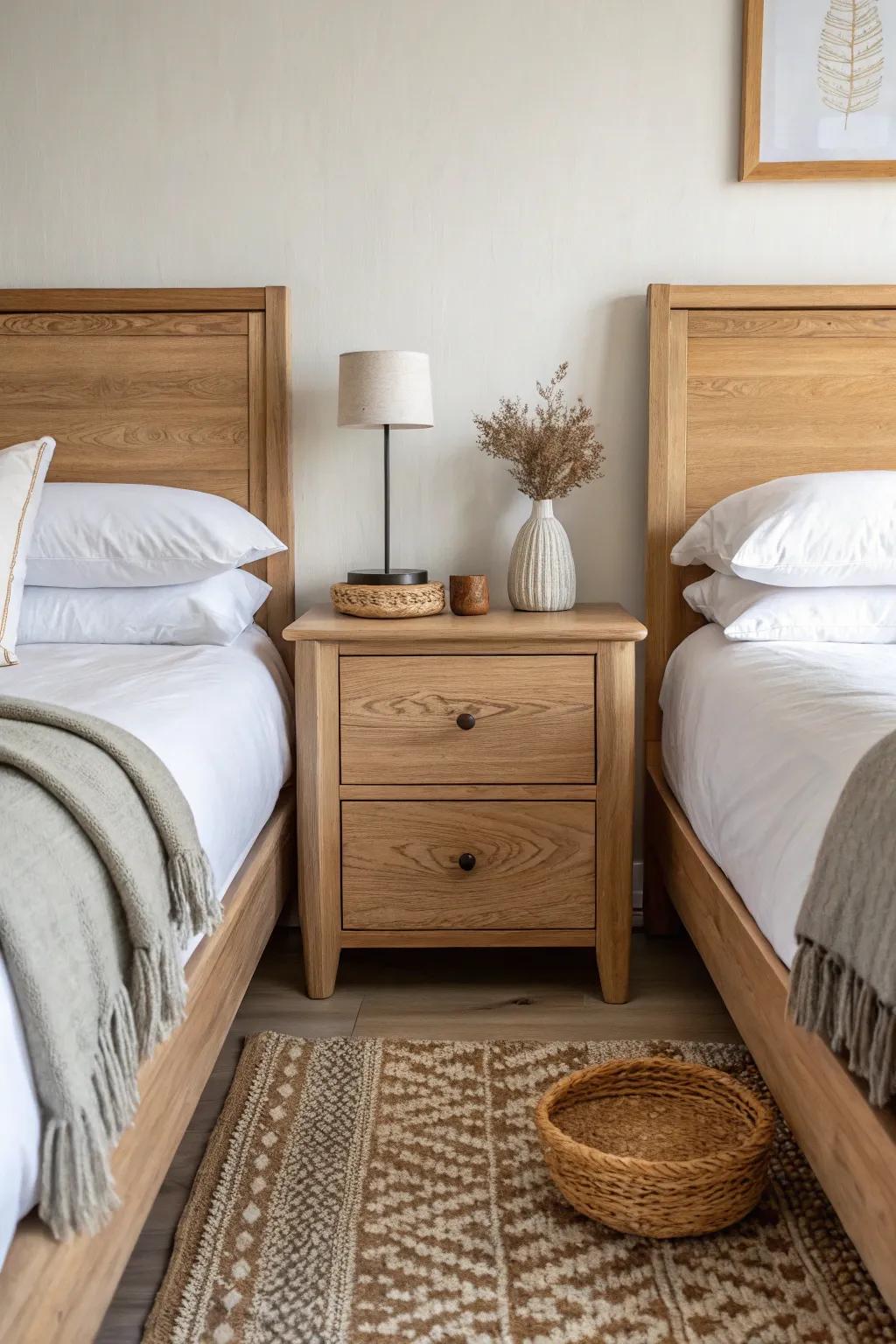 Symmetry made serene: twin beds feel boutique when a crafted nightstand anchors the center.
