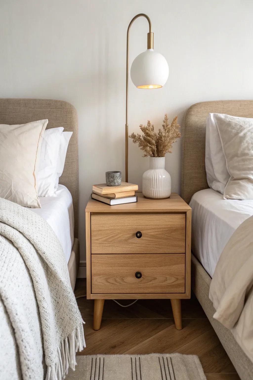 One shared nightstand between twin beds keeps a tiny room airy, calm, and perfectly balanced.