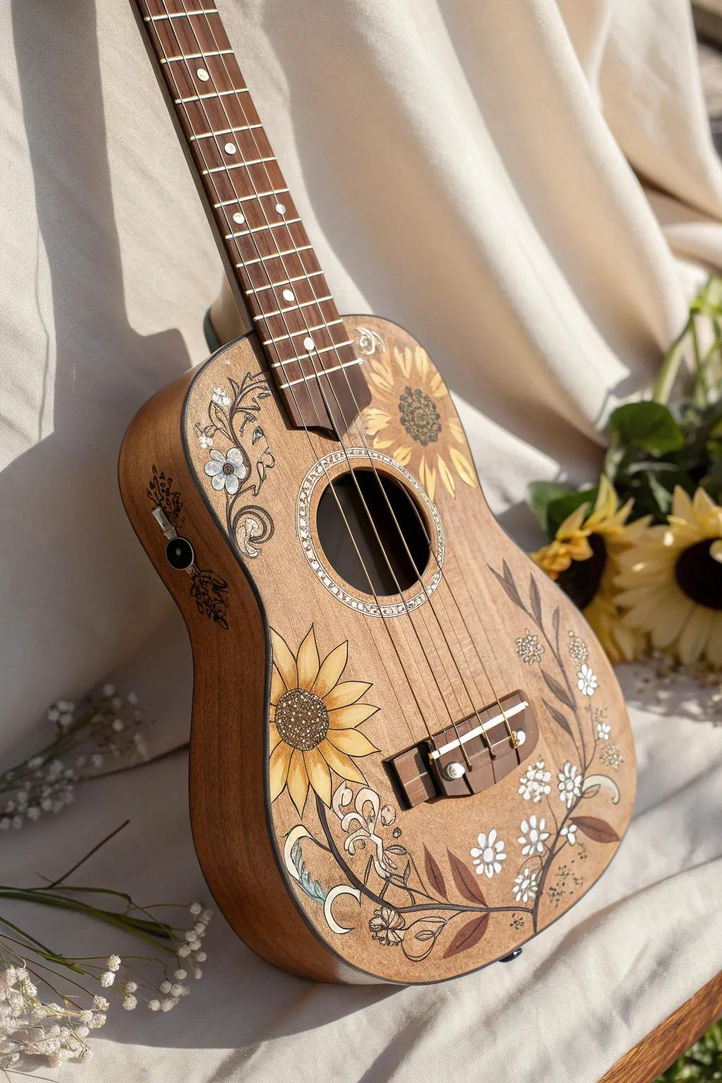 Strum to the rhythm of nature with this blooming floral ukulele masterpiece.