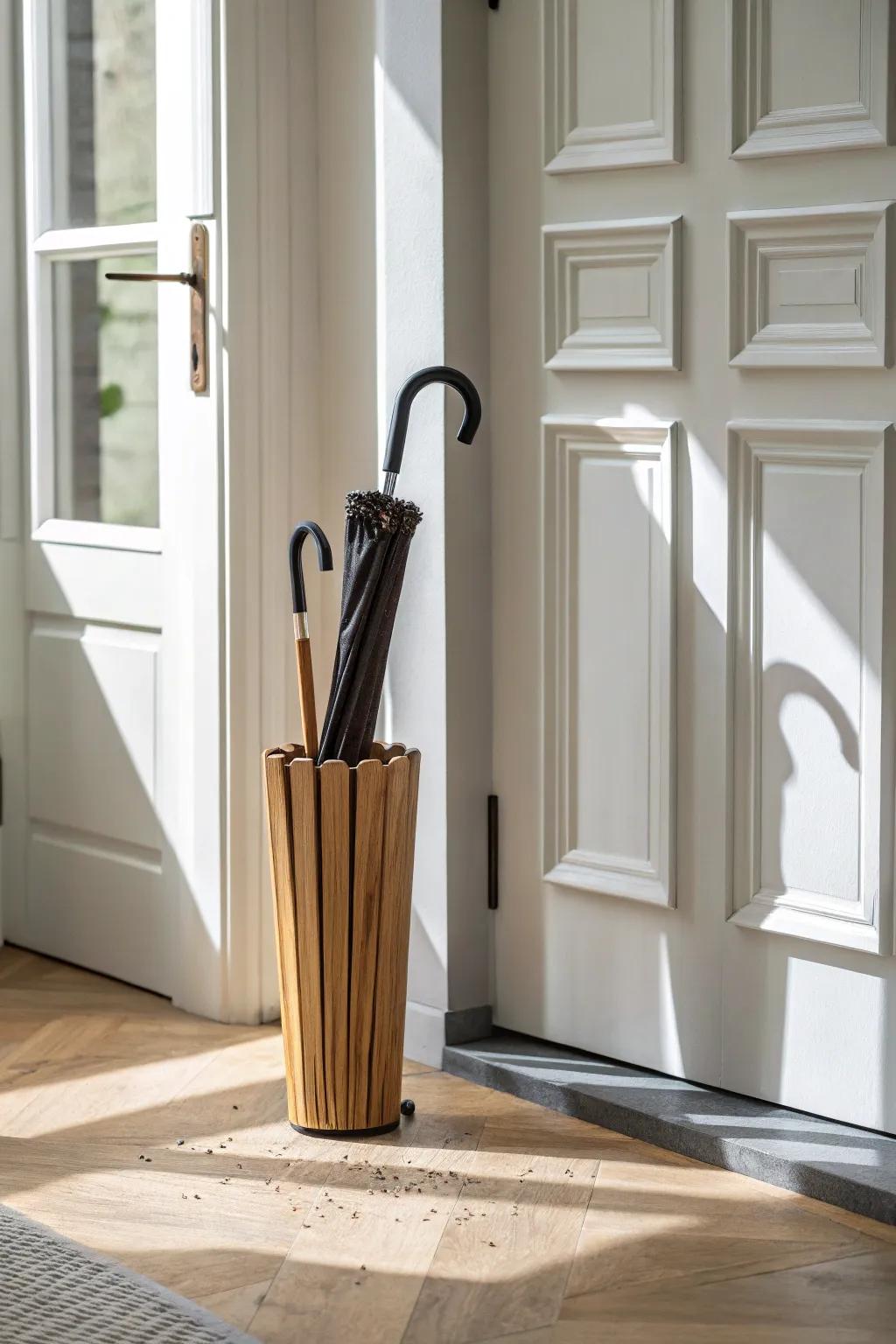 A slim umbrella stand by the door keeps wet-day drop-offs tidy without stealing space.