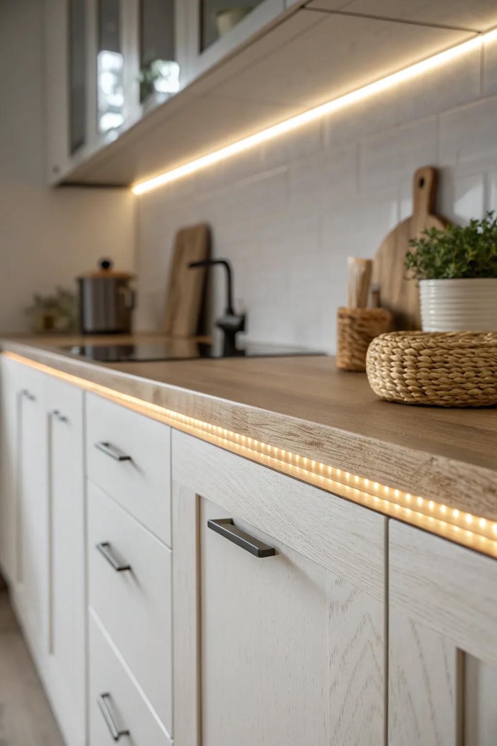 Warm LED strip lighting creates a seamless, floating-countertop glow in a tiny kitchen.