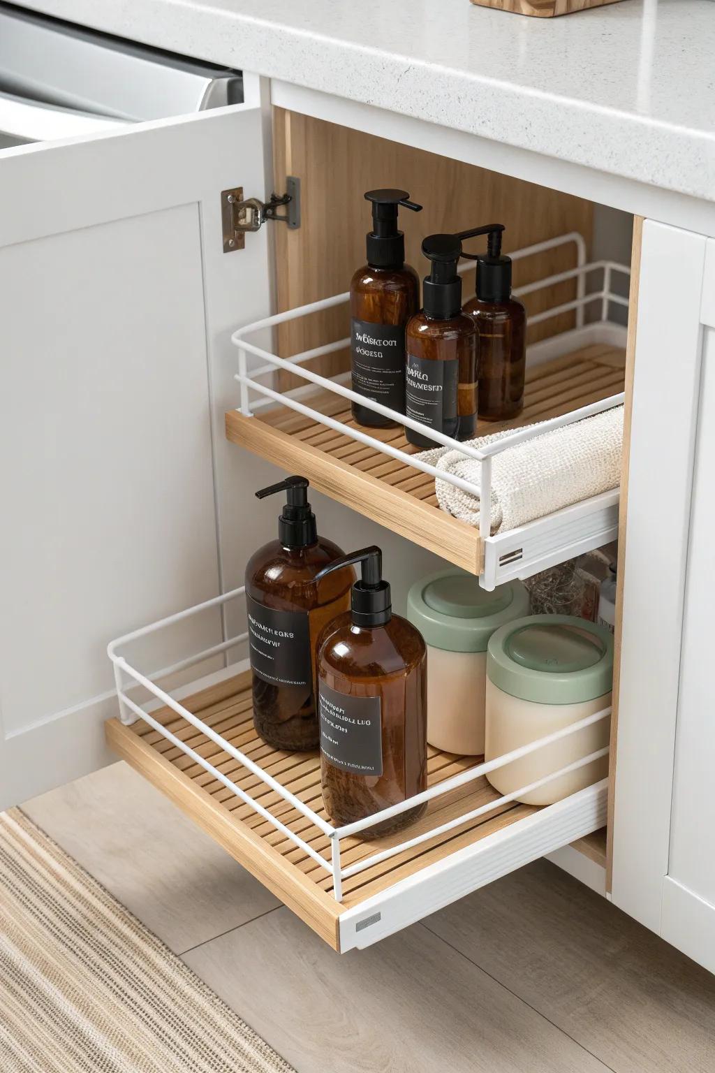 A two-tier slide-out shelf keeps soaps and backups visible—no more forgotten bottles in back.