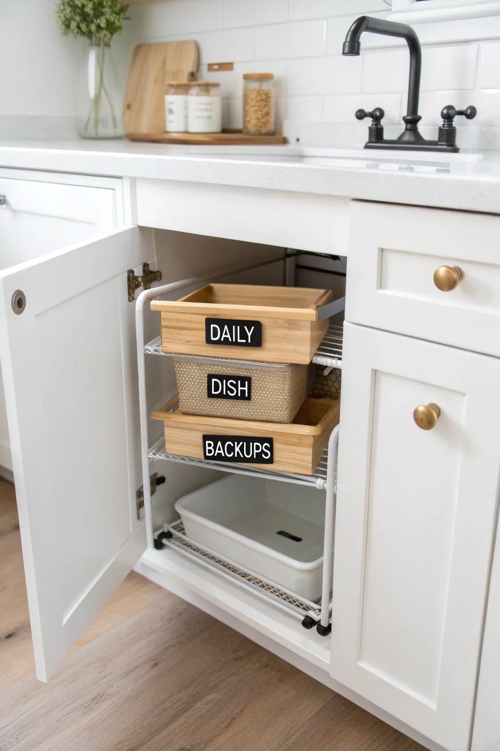 Reset your under-sink with one pull-out organizer—three calm zones: daily, dish, backups.
