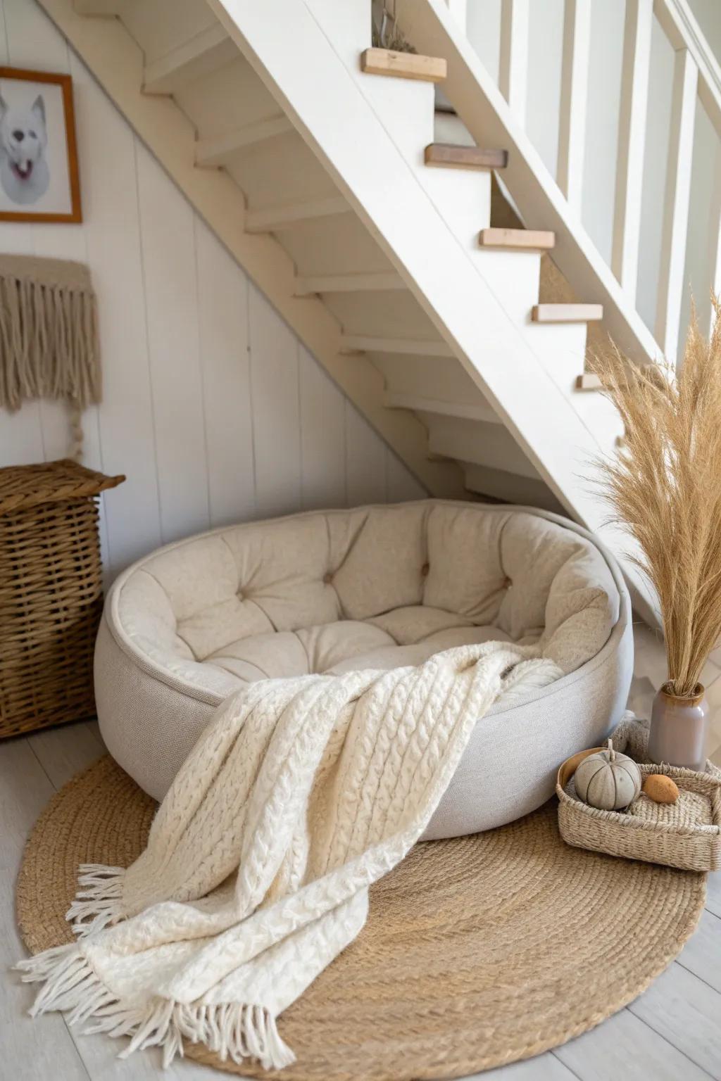 An open under-stairs dog nook with a cozy linen bed—minimal, airy, and space-saving.