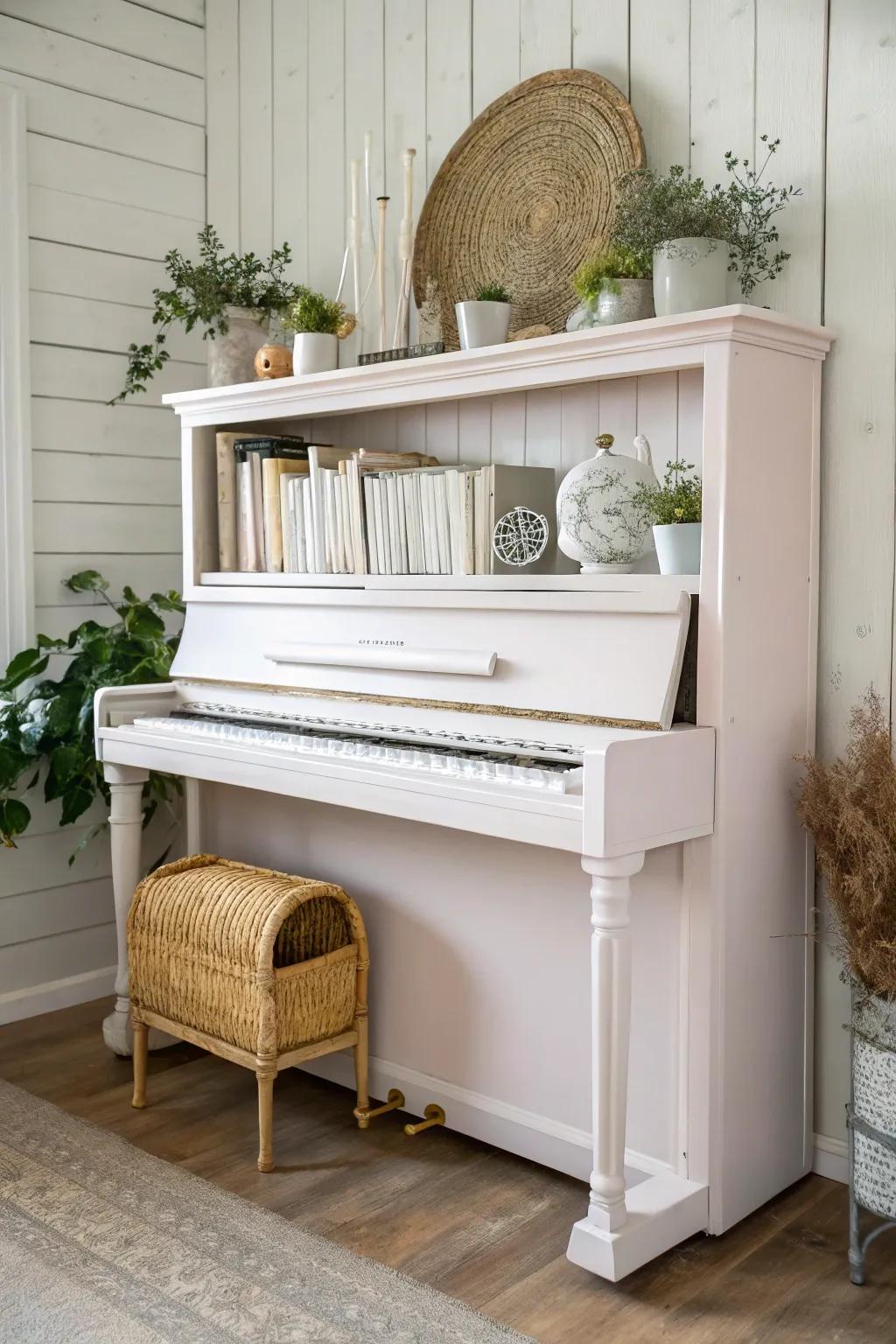 Transform your old piano into a stunning shelving masterpiece, combining Scandinavian simplicity with boho charm. 🎹✨ #UpcycleMagic #ScandiBoho