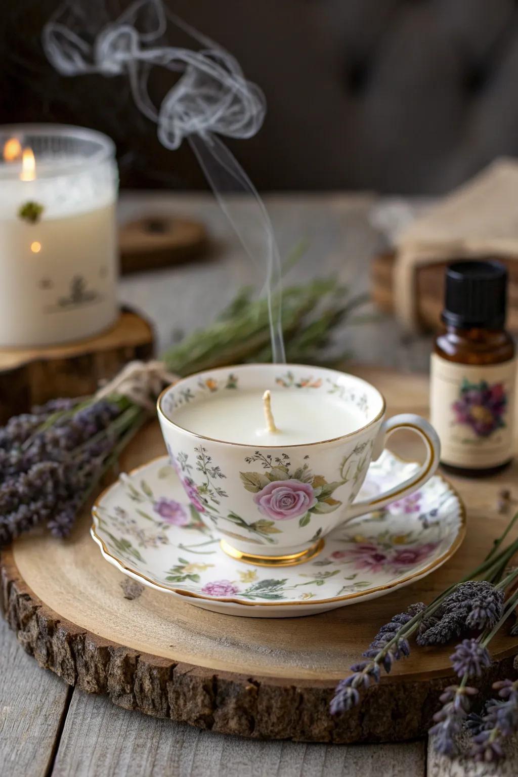 Breathe new life into forgotten treasures with charming vintage teacup candles—perfect for adding a touch of elegance to any space. #UpcycledCrafts #TeacupCandles #ScandinavianBoho