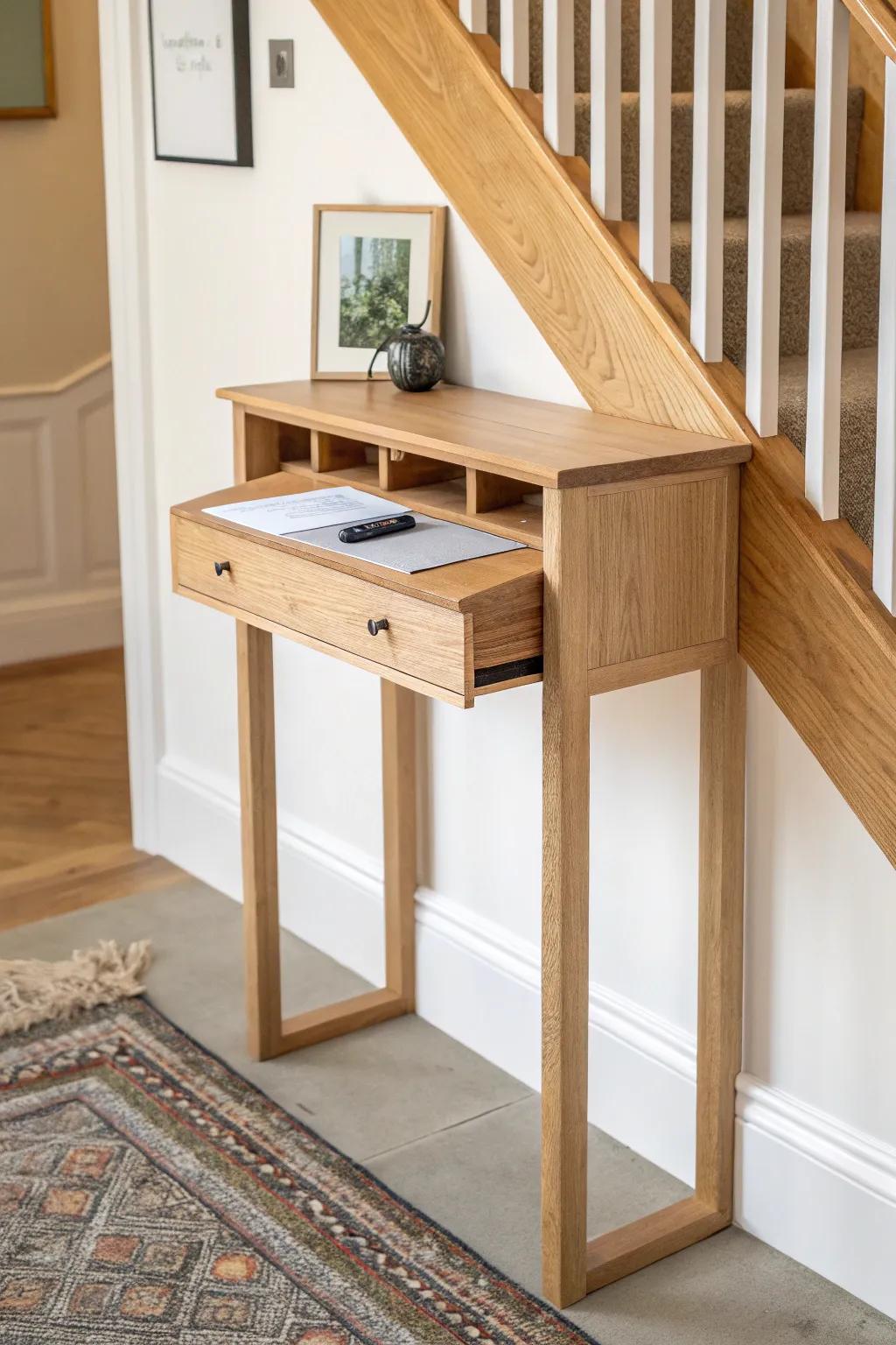 A slim landing desk makes the top of the stairs feel like a serene, minimalist loft office.