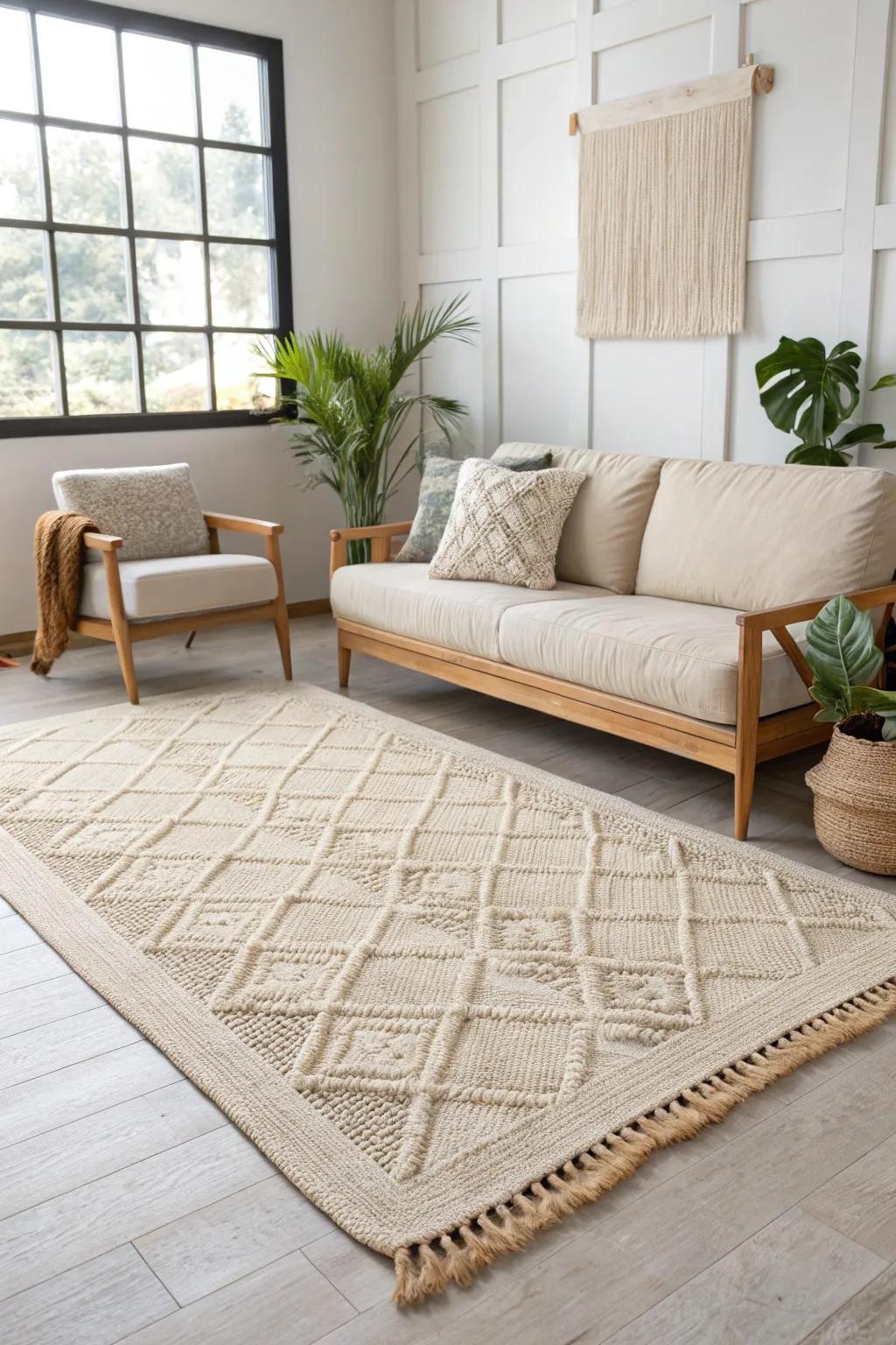 Oversized area rug = instant living room zone in a tiny city studio—soft, minimal, cozy.