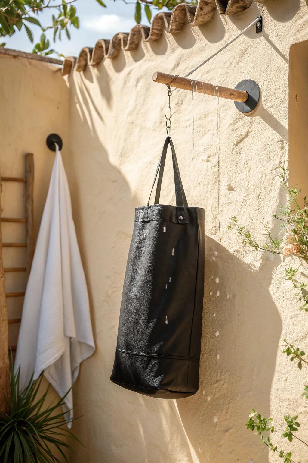 A roll-up solar shower bag: sun-warmed rinse, minimalist look, and zero space wasted.