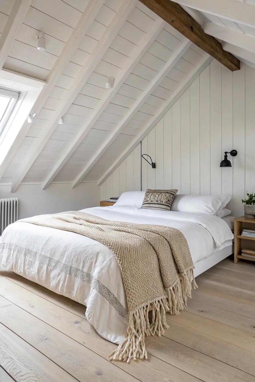 Tuck your bed under the eaves to free the tallest space for dressing—airy, calm, and cozy.